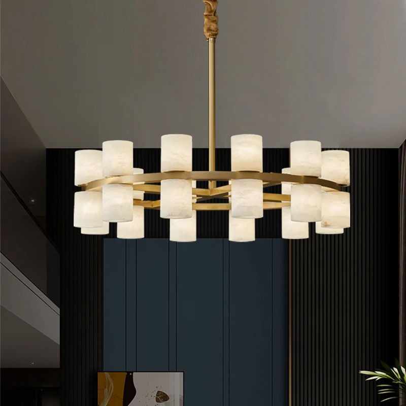 kf-See0bd704f30749f99618640ee26485f8v-Nordic-Simple-Designer-Living-Room-Dining-Table-Brass-Marble-Chandelier-Hotel-Lobby-Bedroom-Bedside-Circle-Candle Nordic Simple Designer Living Room Dining Table Brass Marble Chandelier Hotel Lobby Bedroom Bedside Circle Candle Pendant Light - Image 1
