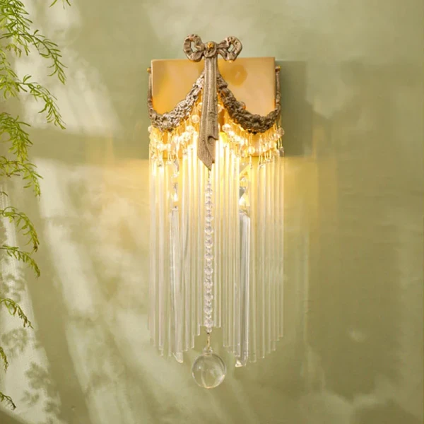 French Retro Vintage Brass Bow Crystal Wall Lamp European Luxury Tv Wall Bedroom Bedside Aisle Led Lighting